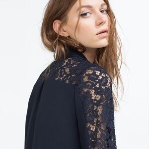 Zara Navy Lace Button Down Shirt